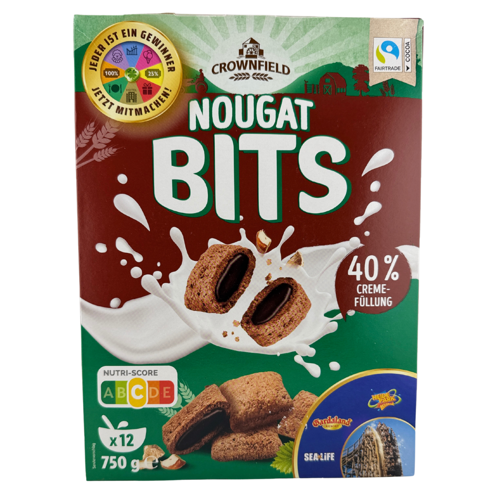 Crownfield Nougat Bits – cereální polštářky s nugátovou náplní 750 g