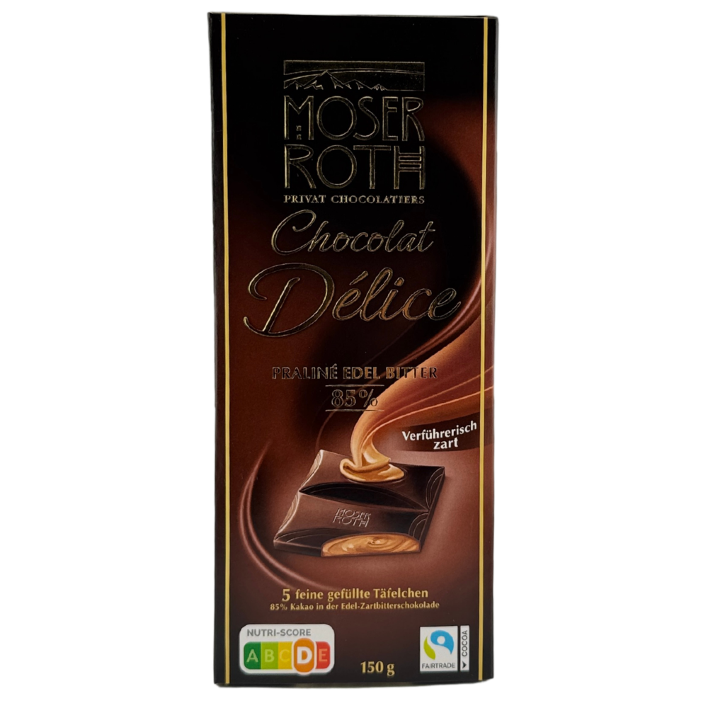 Moser Roth Chocolat Délice – Hořká čokoláda 85 % s pralinkovou náplní