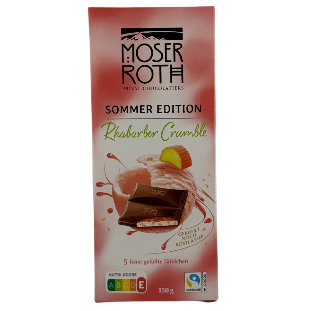 Moser Roth Sommer Edition Rhabarber Crumble – Mléčná čokoláda s rebarborou a drobenkou